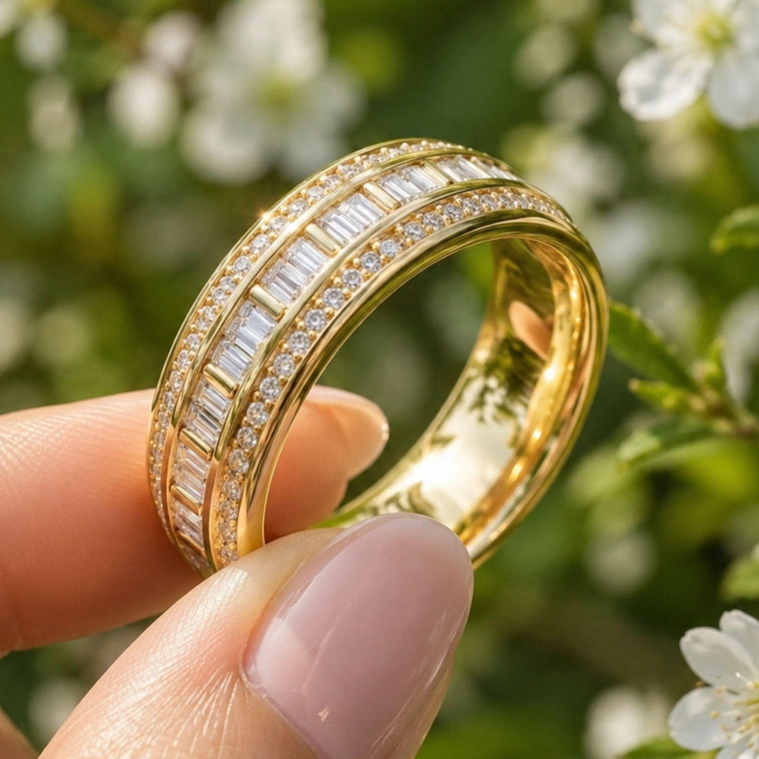 Baguette Moissanite Eternity Band, 14K Gold Full Eternity Wedding Ring, Baguette & Round Cut Stackable Anniversary Band, Bridal Gift for Her