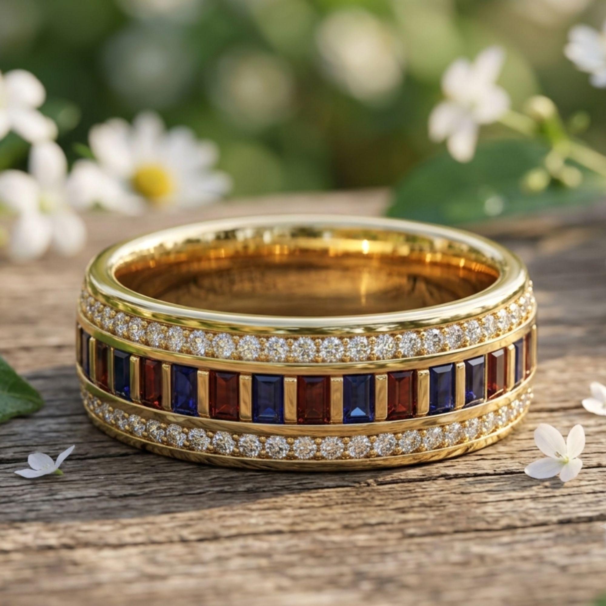 Baguette Eternity Ring, Garnet Sapphire Wedding Band, 14K Gold Stackable Anniversary Ring, Unisex Band Gift for Him Her