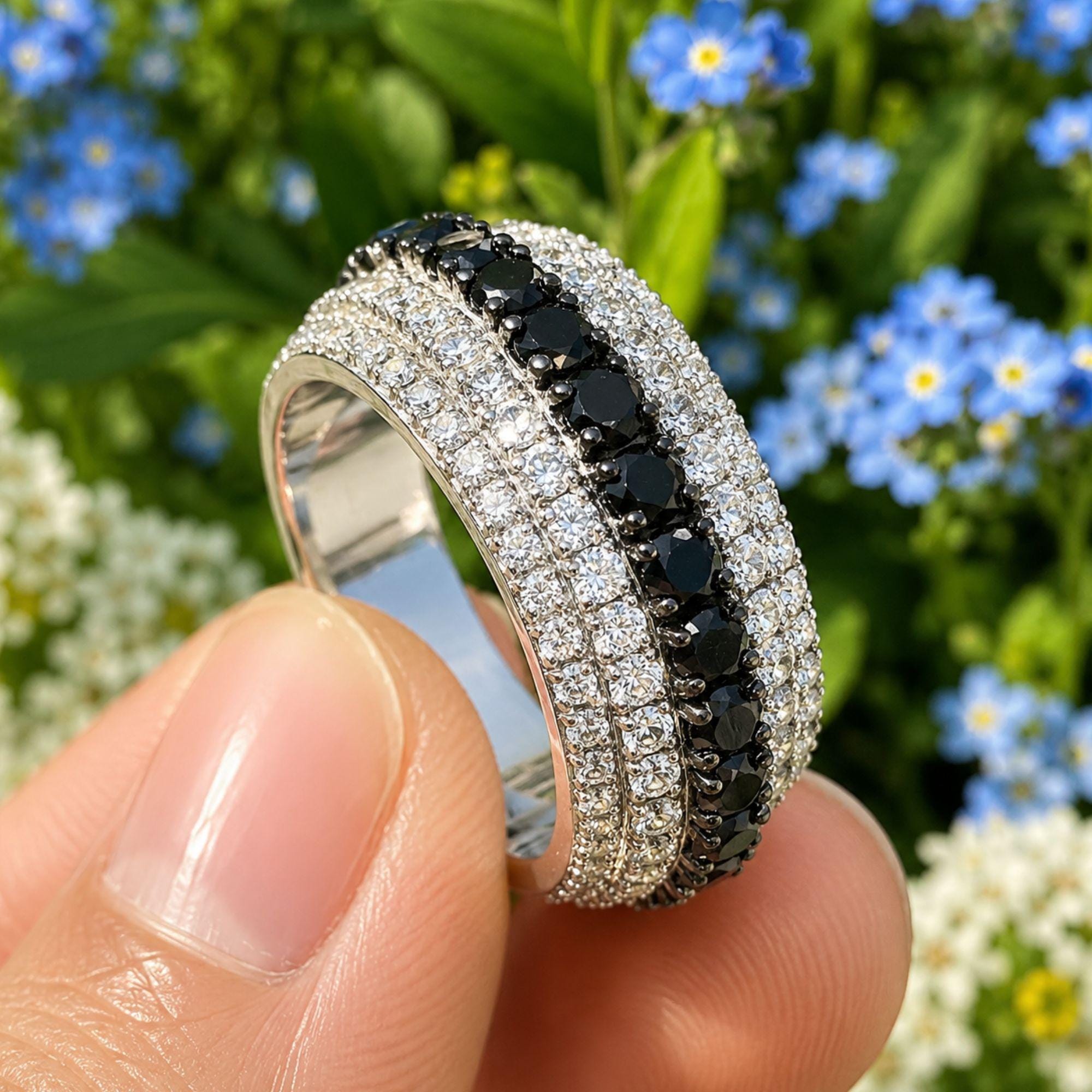 Lab Grown Diamond & Black Moissanite Mens Ring: Hip Hop Rapper Band