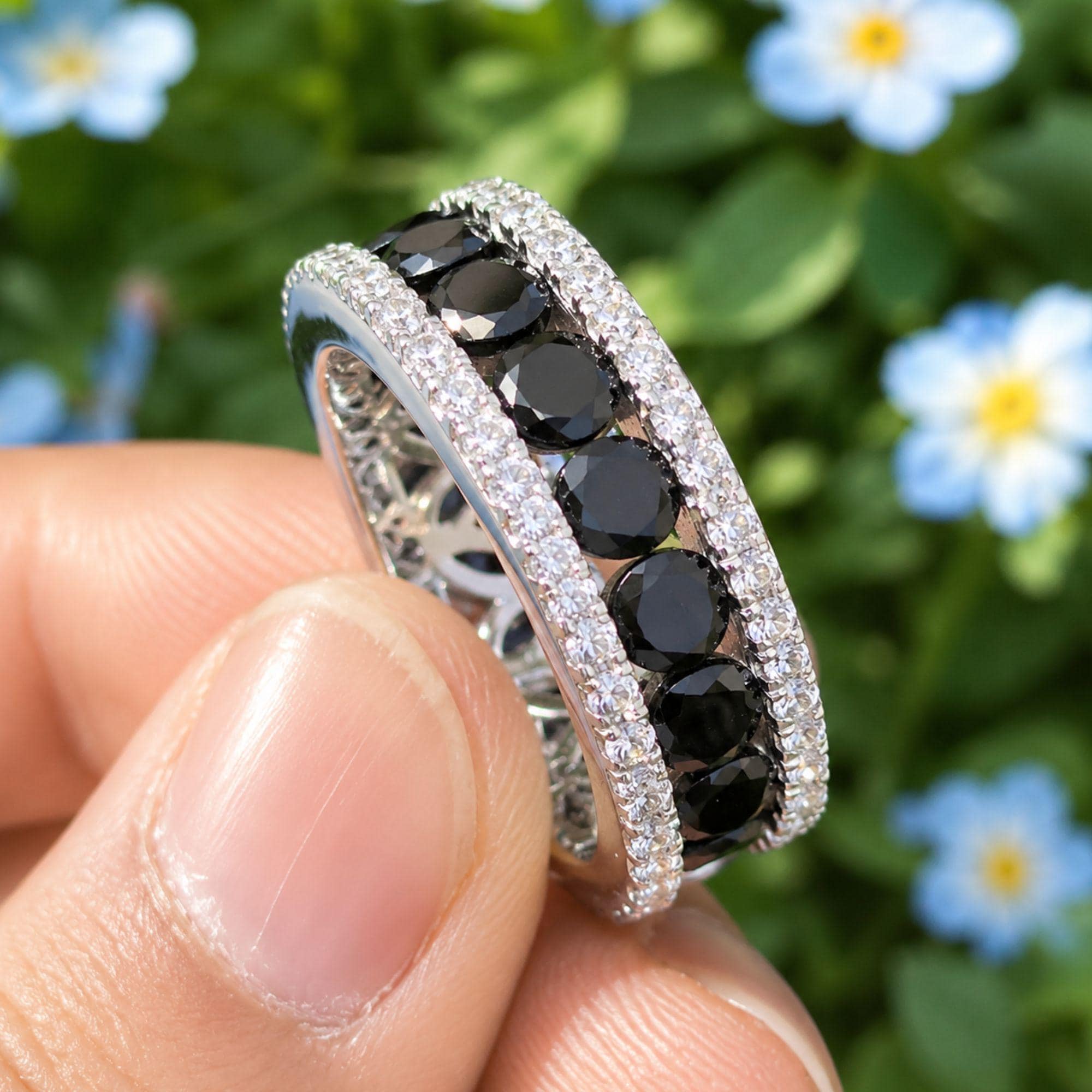 Black Moissanite Sterling Silver Mens Eternity Band