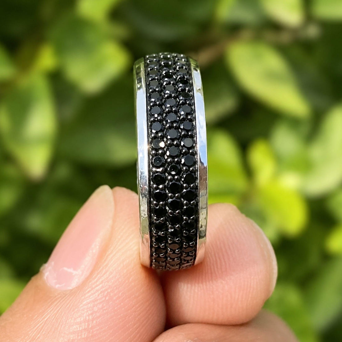 Black Moissanite Mens Wedding Band: Full Eternity Micro Pave Ring