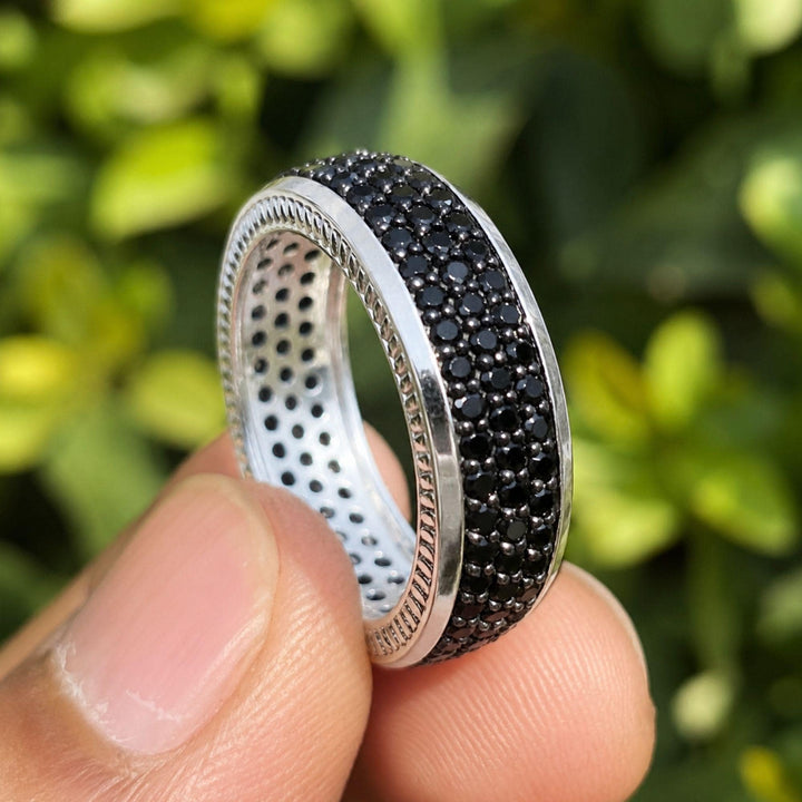 Black Moissanite Mens Wedding Band: Full Eternity Micro Pave Ring