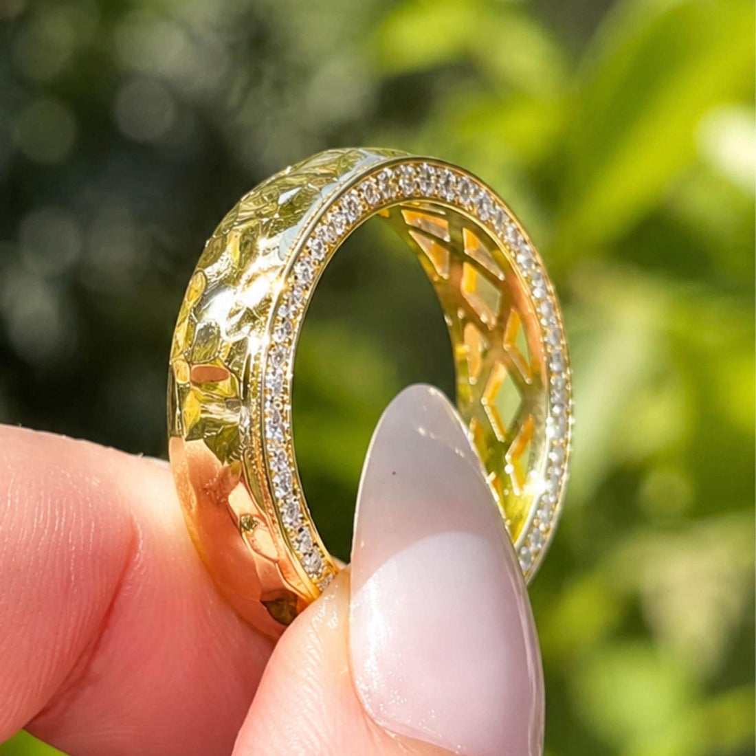 Mens Diamond Wedding Band 14K Gold Lab Grown Diamond Ring, Hammered Eternity Band for Men, Anniversary Husband Gift