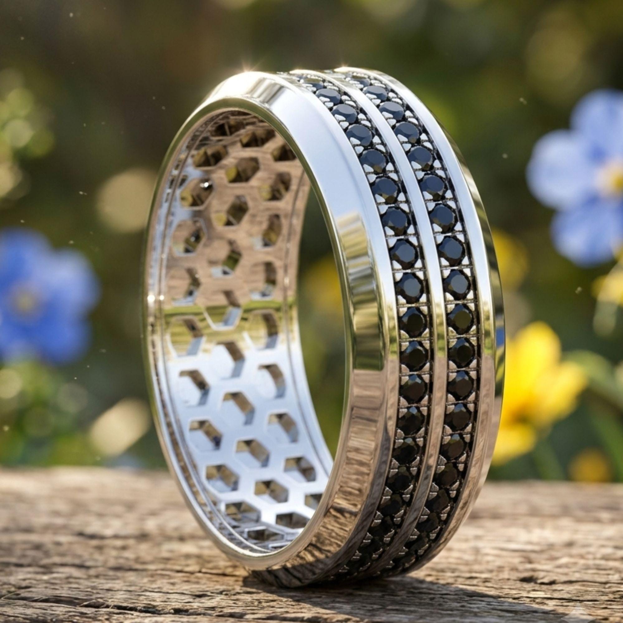 Men's Lab Grown Diamond & Garnet Eternity Ring, Round Cut Wedding Band, 14K Gold Plated Full Eternity Ring, Anniversary Gift for Him