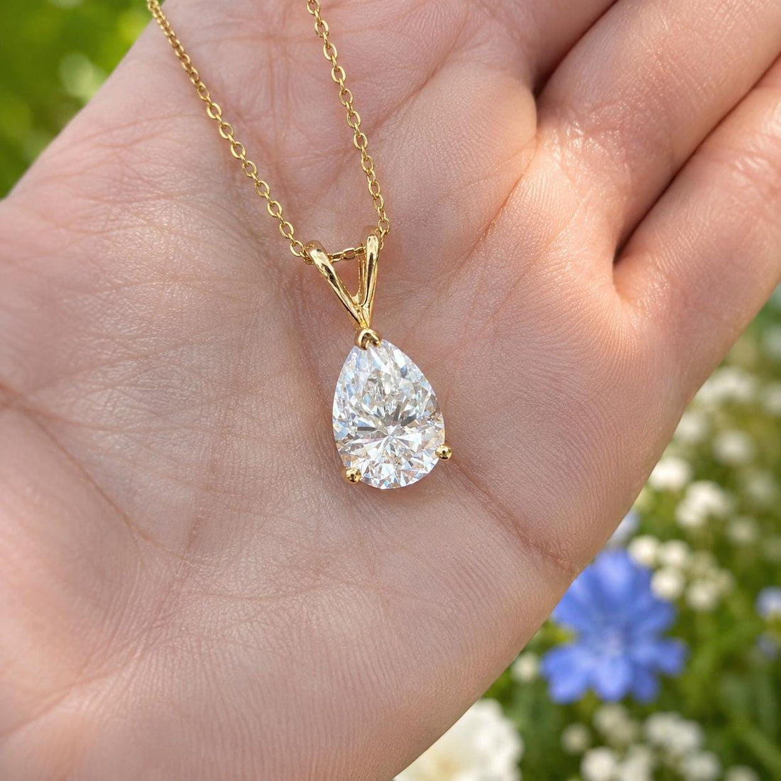 Pear Cut Moissanite Pendant Necklace: 14K Yellow Gold Teardrop Solitaire