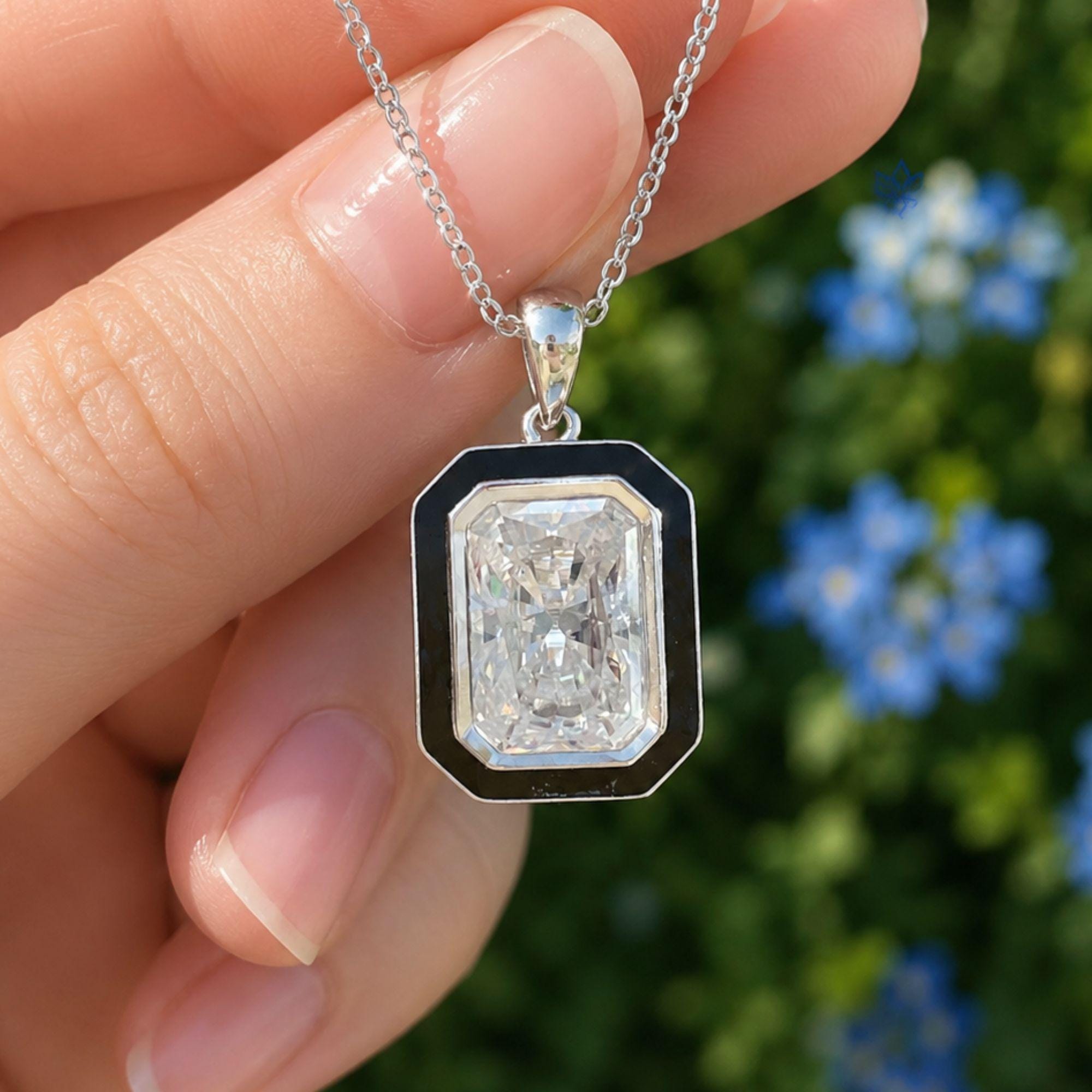 Radiant Cut Moissanite Pendant Necklace: Black Enamel Sterling Silver