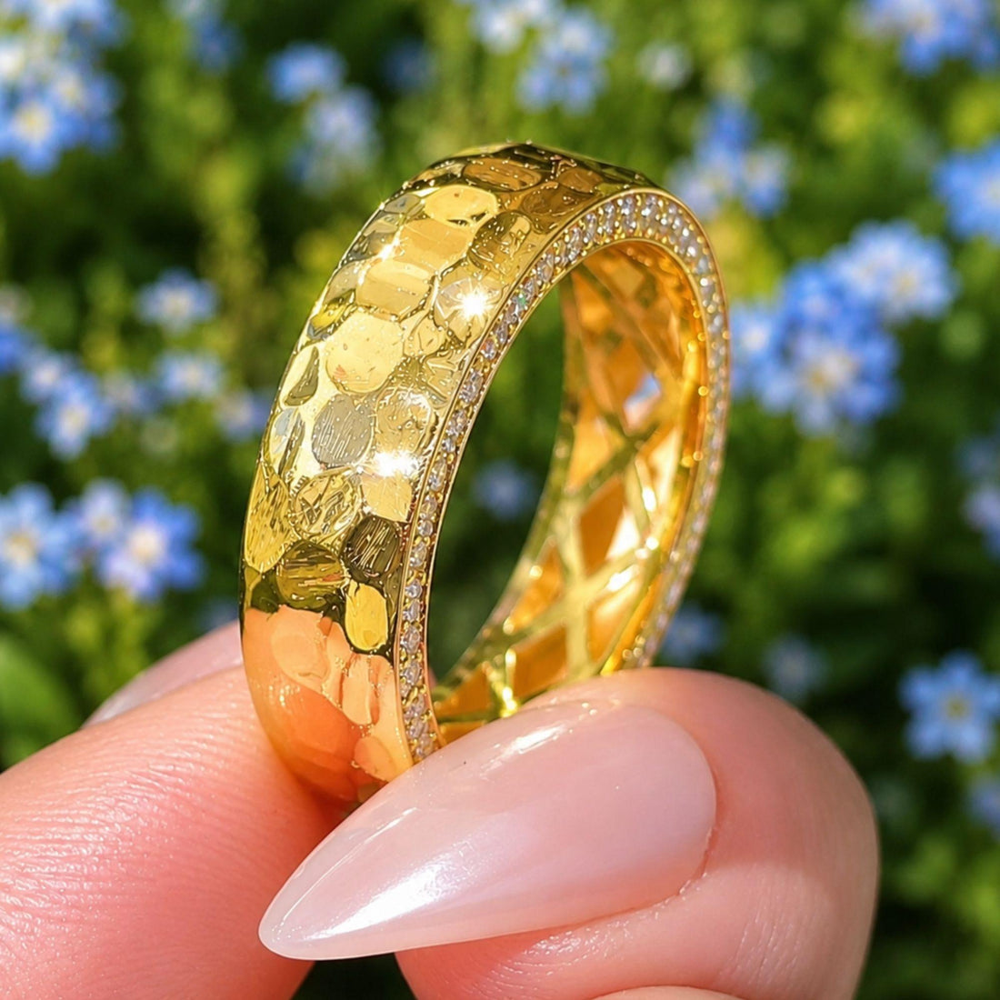 Mens Diamond Wedding Band 14K Gold Lab Grown Diamond Ring, Hammered Eternity Band for Men, Anniversary Husband Gift