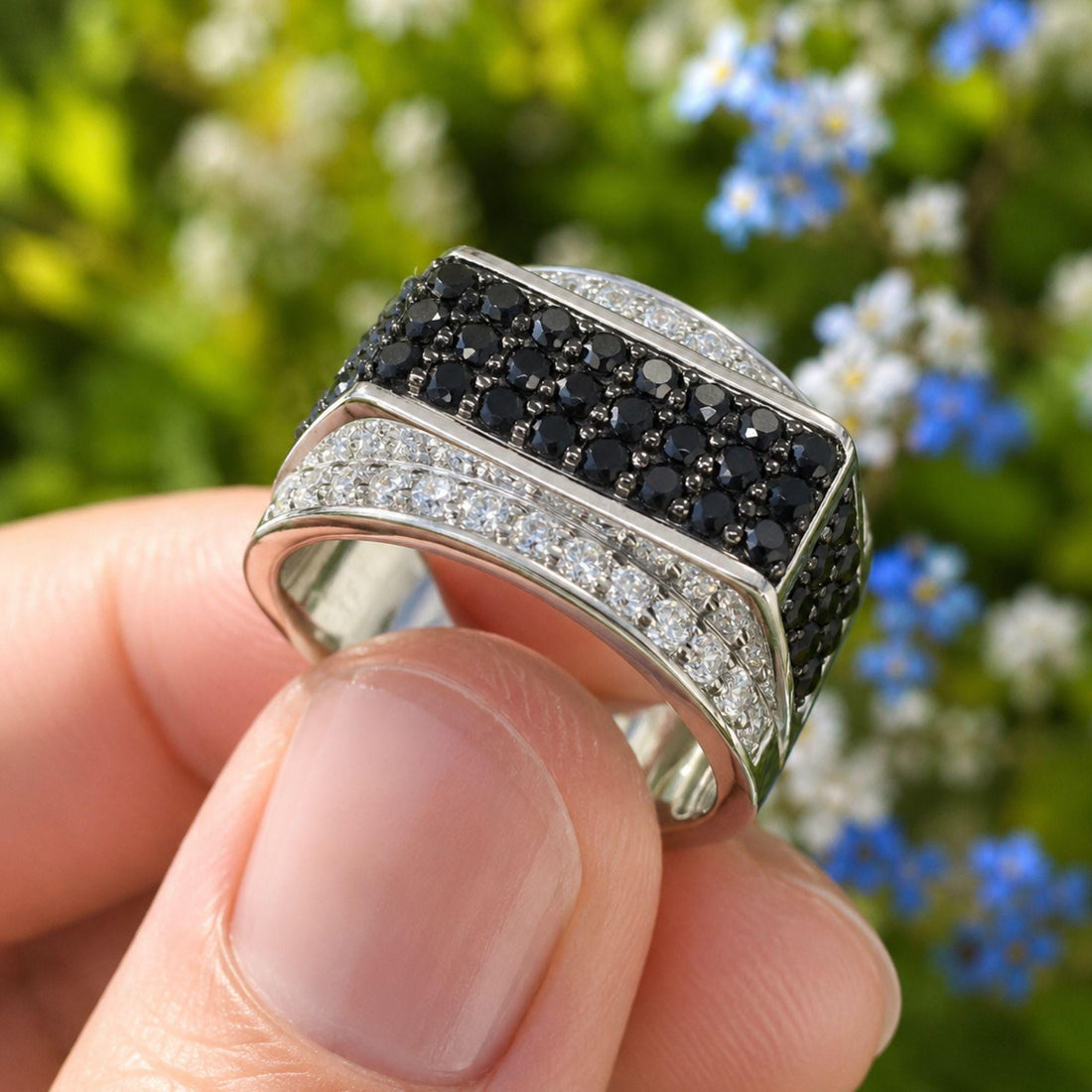 Black Moissanite Men's Ring: Lab Grown Diamond Five-Row Band