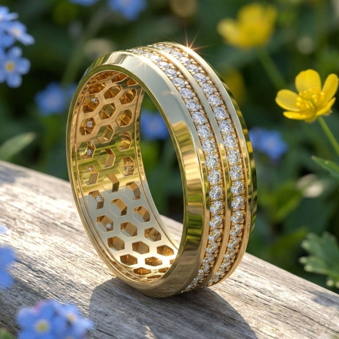 Men's Lab Grown Diamond & Garnet Eternity Ring, Round Cut Wedding Band, 14K Gold Plated Full Eternity Ring, Anniversary Gift for Him