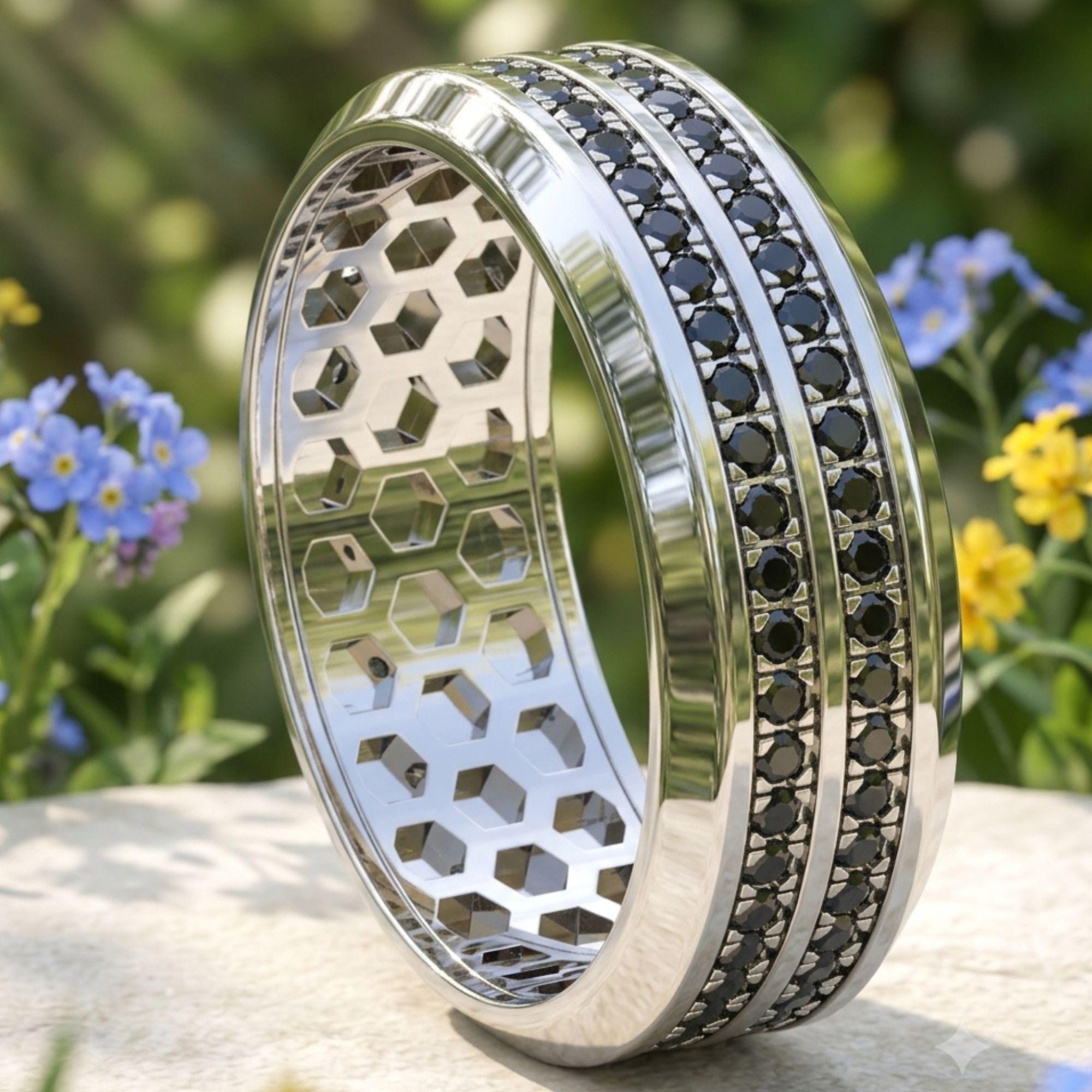 Men's Lab Grown Diamond & Garnet Eternity Ring, Round Cut Wedding Band, 14K Gold Plated Full Eternity Ring, Anniversary Gift for Him