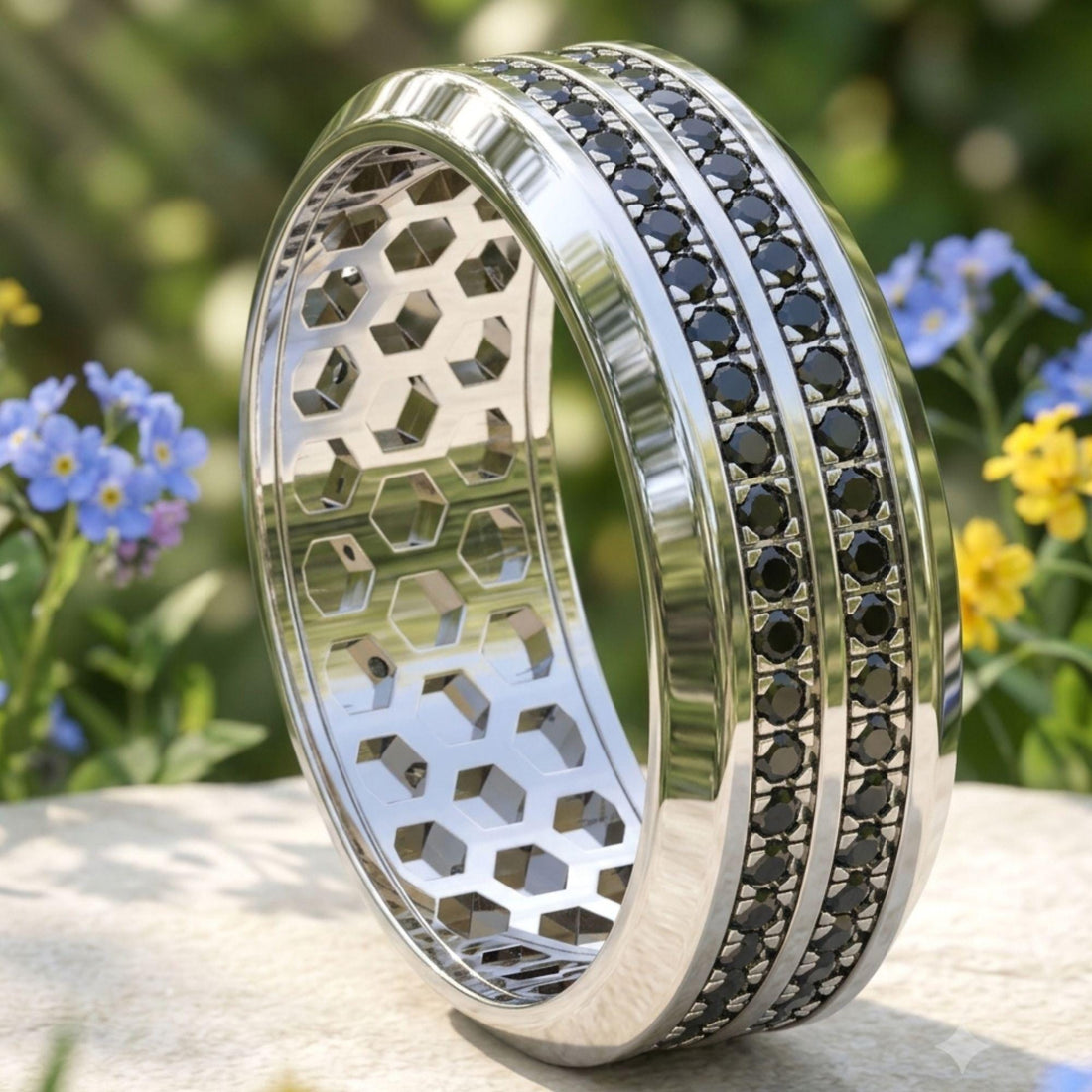 Men's Lab Grown Diamond & Garnet Eternity Ring, Round Cut Wedding Band, 14K Gold Plated Full Eternity Ring, Anniversary Gift for Him
