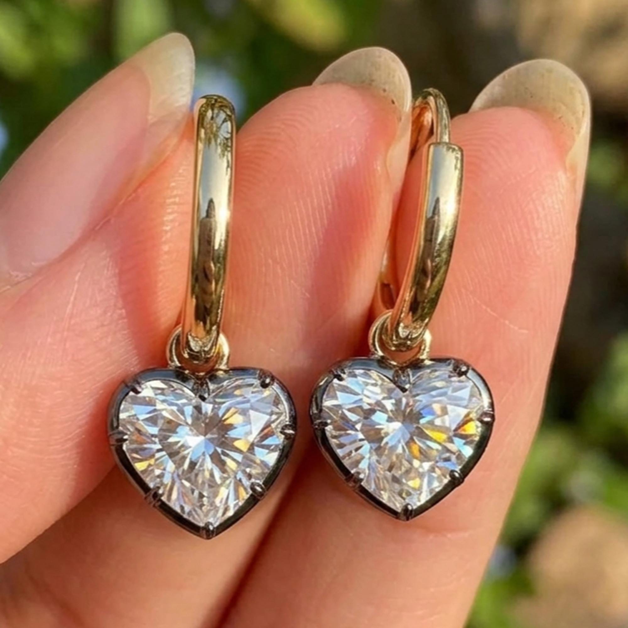 Georgian Cut Down Button Back Heart Earrings | Lab Diamond, Moissanite Hoops