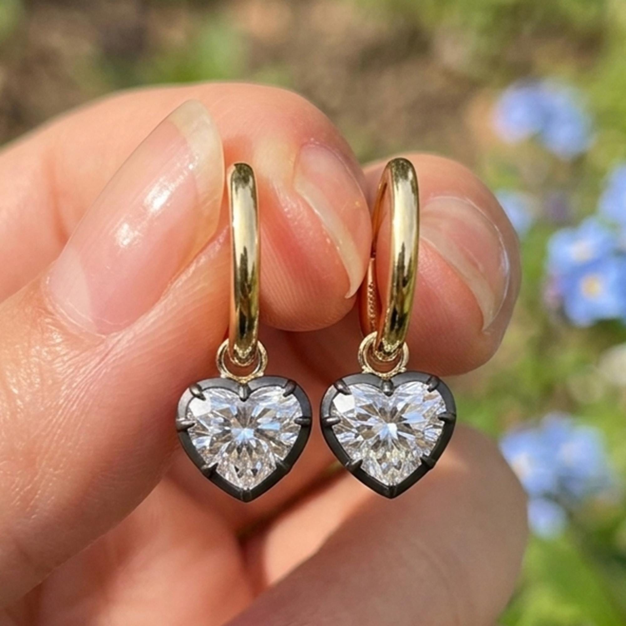 Georgian Cut Down Button Back Heart Earrings | Lab Diamond, Moissanite Hoops