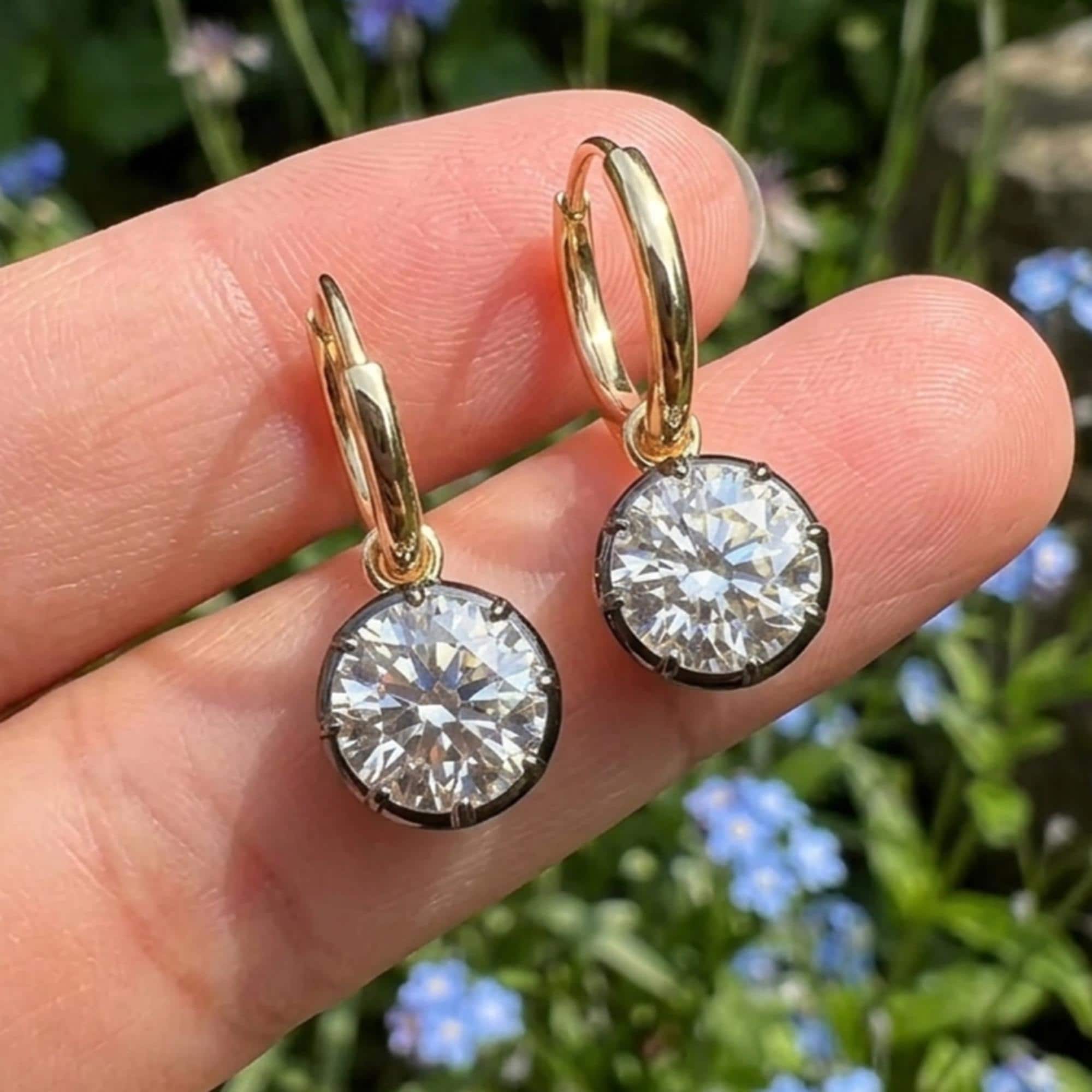 Georgian Cut Down Diamond Hoop Earrings, Victorian Bezel Moissanite Gypset Hoops, Antique Button Back Style