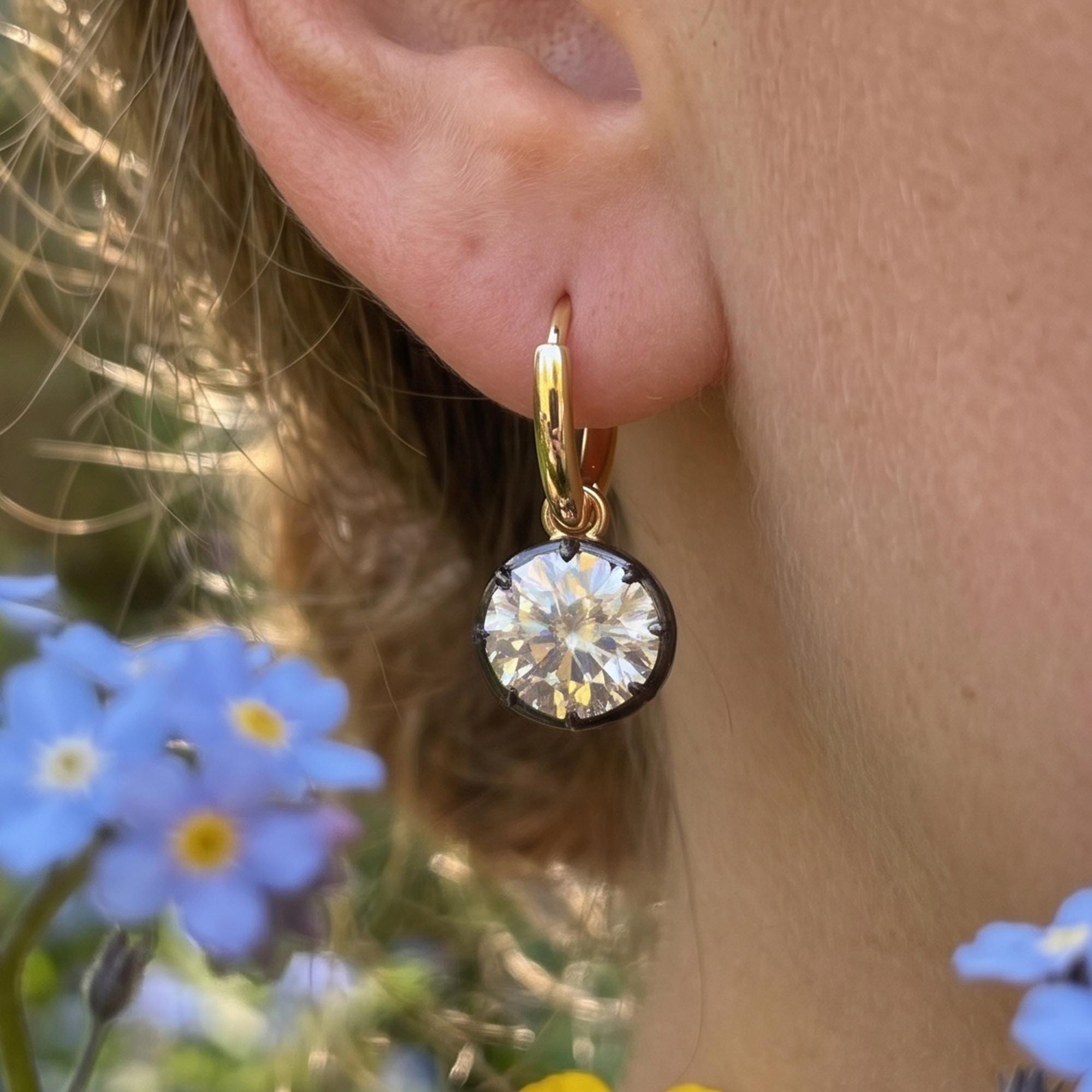 Georgian Cut Down Diamond Hoop Earrings, Victorian Bezel Moissanite Gypset Hoops, Antique Button Back Style