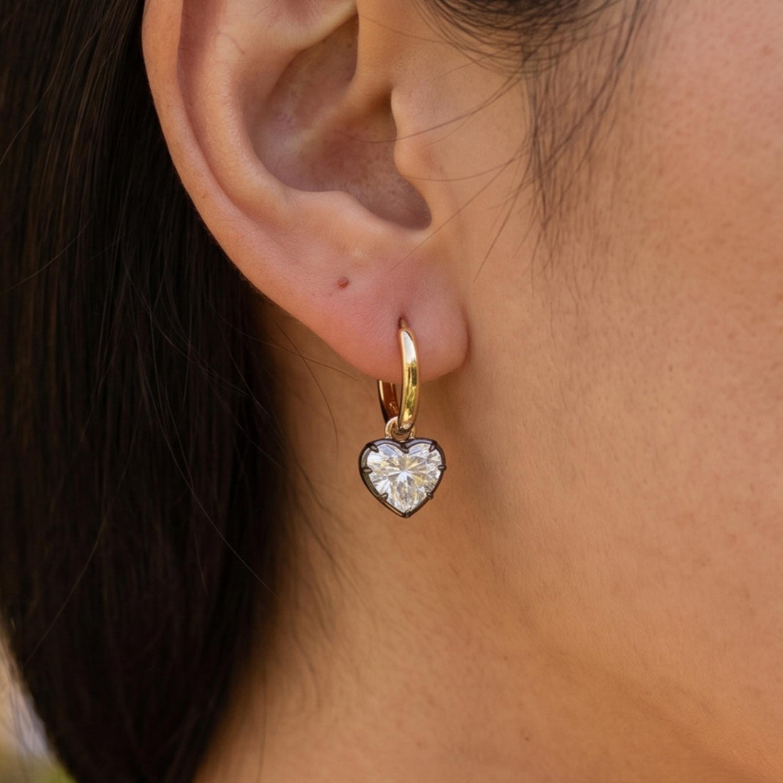 Georgian Cut Down Button Back Heart Earrings | Lab Diamond, Moissanite Hoops